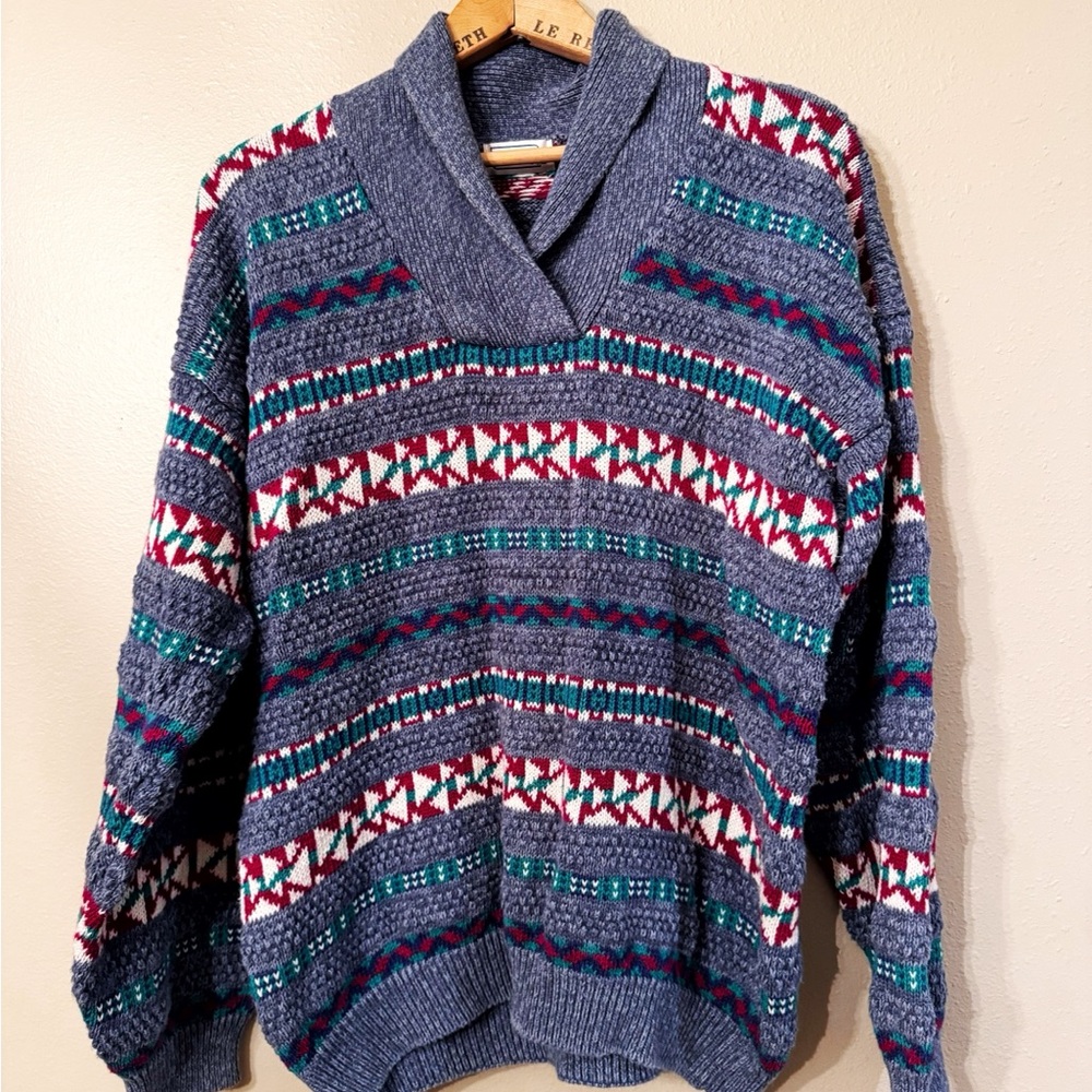 CUTE! Vintage 90s blue and red knit cotton patterned sweater by Ashley